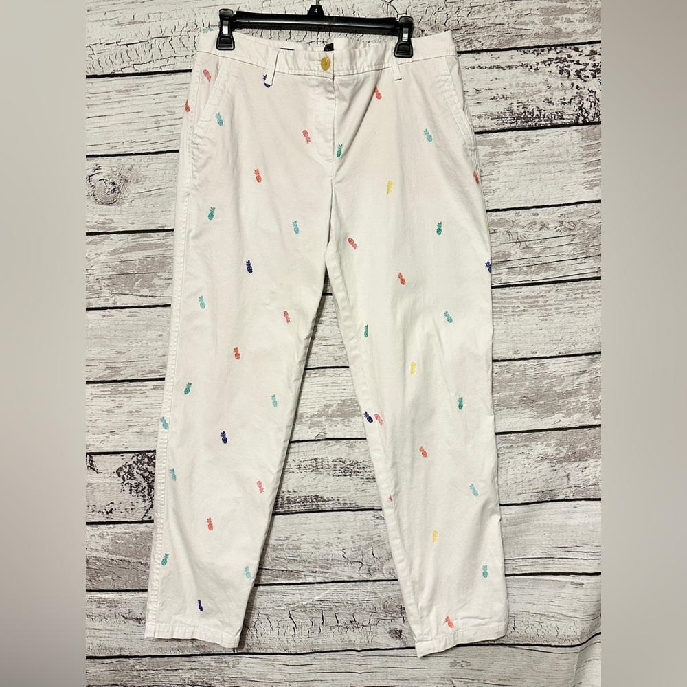 Talbots Relaxed Chino Pants Pineapple Embroidery White Size 10 Coastal Preppy